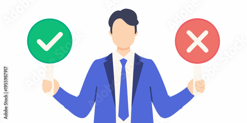 Man holding choice cards with a checkmark and an x symbol