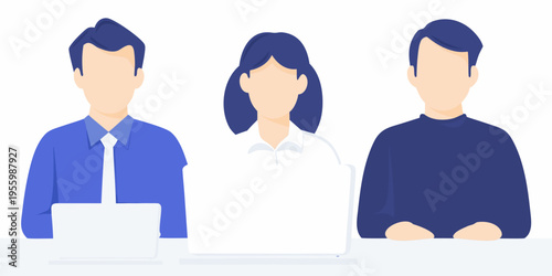 Three faceless figures seated with laptops in a modern illustration