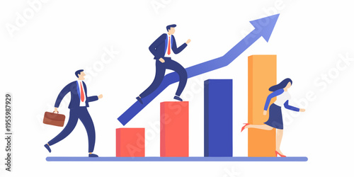 Business professionals climbing a growth chart representing success and progress