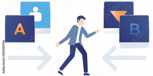 Man interacting with floating smartphone screens displaying letters and icons