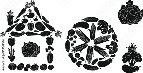 Organic vegetable house and circle silhouette set featuring carrot beet pepper corn and broccoli for healthy lifestyle vegan diet gardening and local farm market design