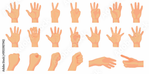 Collection of diverse hand gestures and poses in a cartoon style