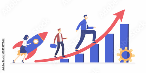 People climbing a red arrow representing business growth and success
