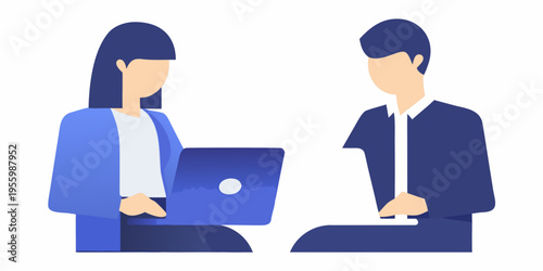 Two business professionals are engaged in a discussion with a laptop