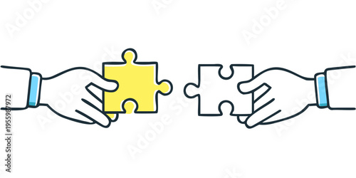 Two hands reaching to connect a yellow puzzle piece to another