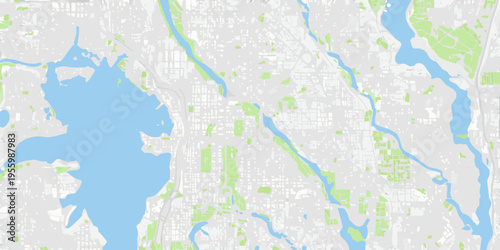 Aerial view of a city with a river and large lake nearby