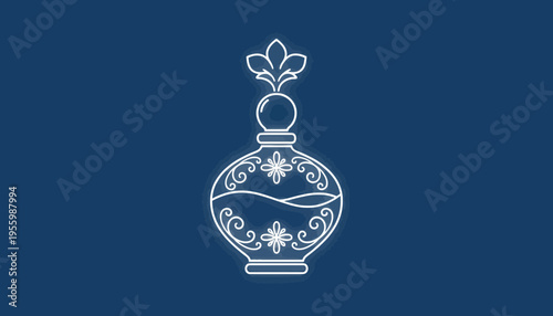 Vintage Perfume Bottle Outline Icon, Elegant Glass Flacon with Ornate Design, Blue Background