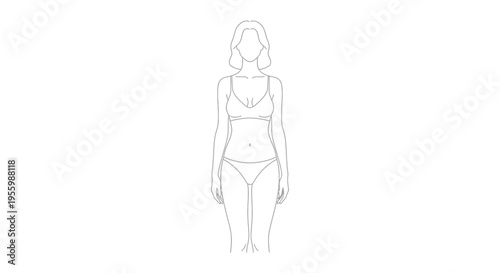 Woman body outline, front view, minimalist line art, lingerie, female figure