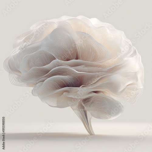 A soft futuristic AI brain form made of smooth layers and subtle neural patterns
