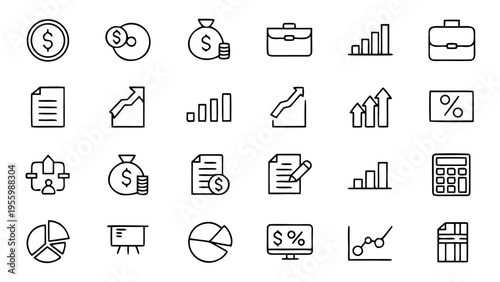 A set of thirty-three white outline icons representing business analysis tools like scales and charts on a solid black background.