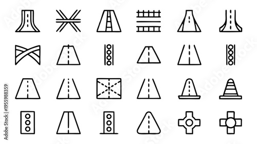 A set of thirty-three white outline icons showing traffic control and safety features like lights and barriers against a black background.