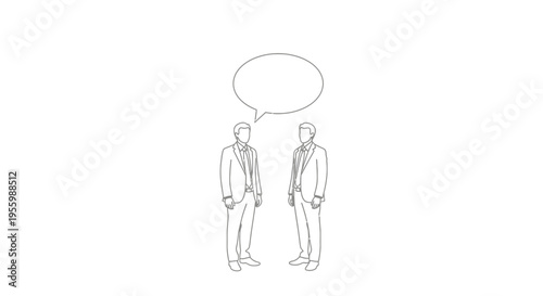 Two businessmen in suits talking with a speech bubble above them, minimalist line art