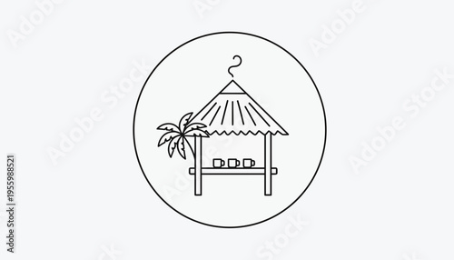 Tropical beach bar icon, palm tree, thatched roof hut, drinks, simple line art