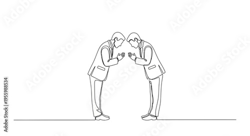 Two businessmen bowing in respect, continuous line drawing, business etiquette