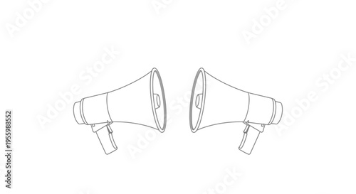 Two Megaphones Facing Each Other, Communication Concept, Outline Drawing