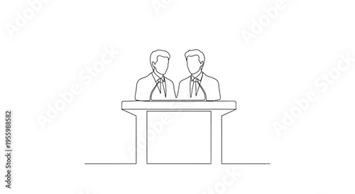Two politicians debating at a podium with microphones, single line drawing
