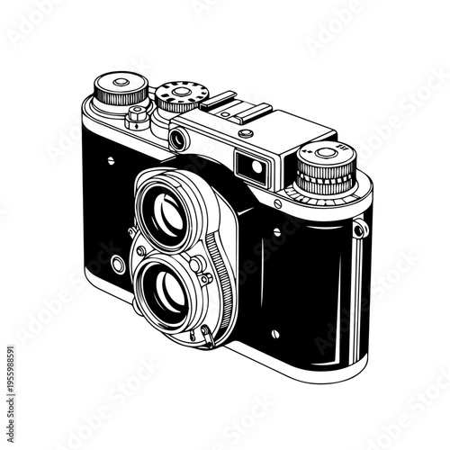 Vintage twinlens reflex camera illustration with metallic body and classic lenses.