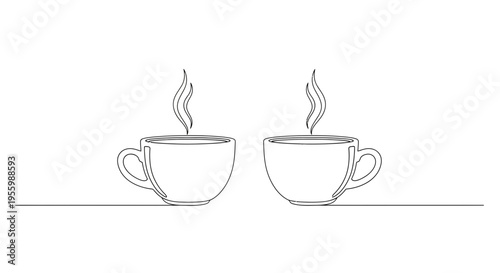Two steaming coffee cups in minimalist line art style, symbolizing morning coffee and conversation.