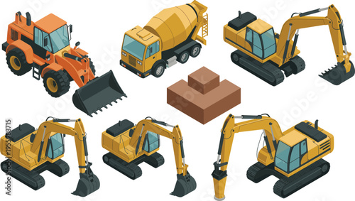 Construction machinery vector illustration featuring excavators loader concrete mixer truck and drilling equipment for engineering building excavation and industrial projects