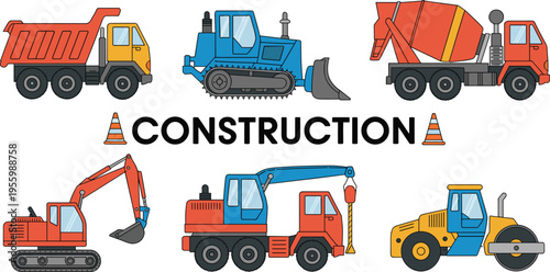 Construction machinery vector illustration set featuring dump truck bulldozer excavator crane mixer roller vehicles for engineering building site operations