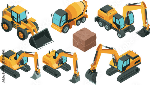 Construction machinery vector illustration set featuring excavators loader concrete mixer truck and heavy equipment for engineering building excavation projects