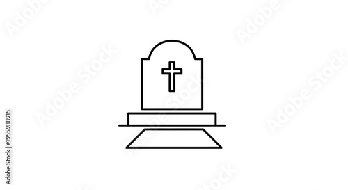 Simple Line Icon of a Tombstone with a Cross, Funeral and Memorial Symbol