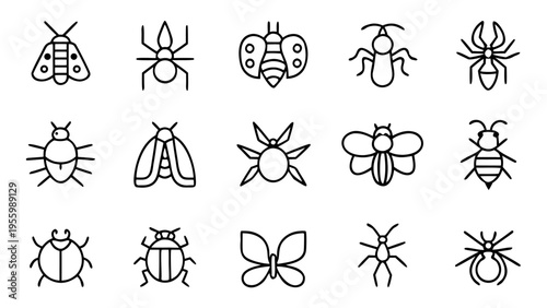 Thirty-six white outline icons on a black background illustrate various insect species like dragonflies, grasshoppers, and mantises in a clean linear design.