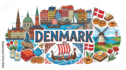 Vector Illustration of Denmark Culture with Nyhavn, Viking Ships, and Local Traditions