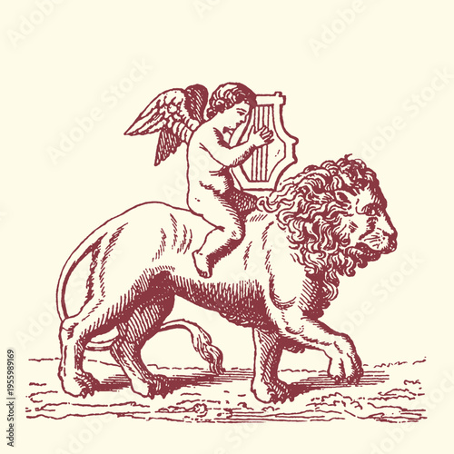 Cuadro en lienzo Cupid Riding Lion Playing Lyre, Vintage Illustration
