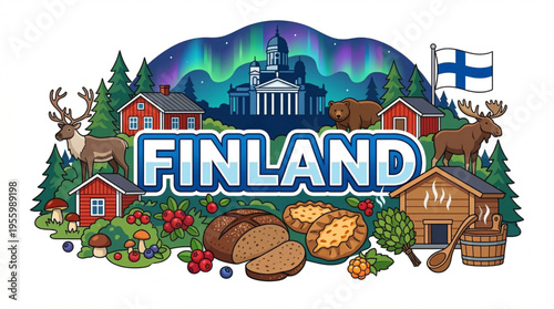 Vector Illustration of Finland Culture with Helsinki, Nature, and Local Traditions