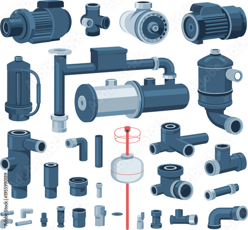 Industrial mechanical pump components and pipe fittings vector illustration set showcasing valves motors connectors equipment engineering system design collection elements
