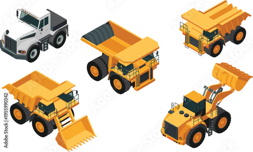 Mining dump trucks and wheel loader heavy construction machinery vector illustration set for industrial transport engineering excavation projects