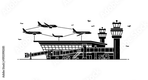 Airport Illustration with Airplanes and Control Towers.