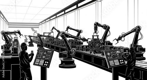 Automated Assembly Line with Robotic Arms and Human Operator.