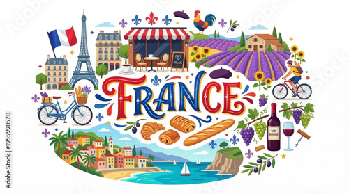 Vibrant France Cultural Elements Vector Illustration with Eiffel Tower, Lavender Fields, and More