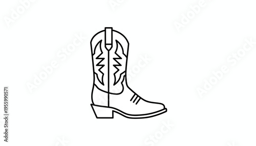 Simple Line Art Cowboy Boot Icon, Western Style Footwear, Isolated on White Background