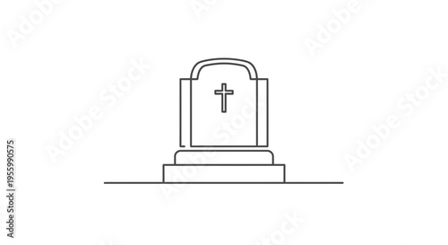 Simple Line Art Gravestone with Cross Icon, Minimalist Cemetery Monument