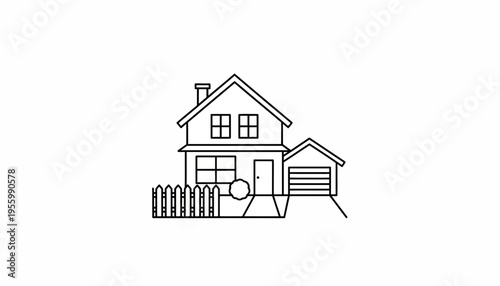 Simple Line Art House with Garage and Fence