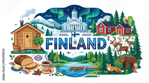 Vector Illustration of Finland Culture with Helsinki, Nature, and Local Traditions