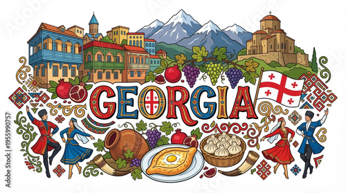 Vibrant Georgia Cultural Elements Vector Illustration with Tbilisi, Monasteries, and Local Cuisine