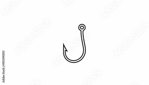 Simple Fishing Hook Icon, Outline Drawing, Isolated on White Background