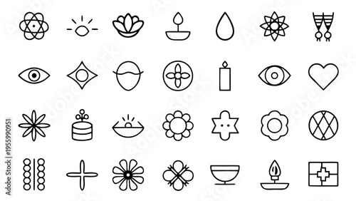 A set of forty-five white line icons featuring wellbeing objects like weights and moons is displayed in a grid against a black backdrop.