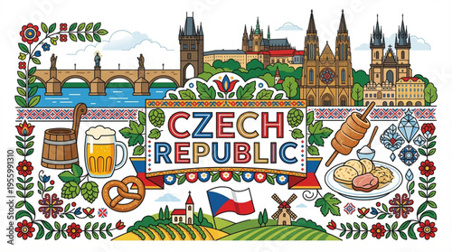 Vector Illustration of Czech Republic Culture with Prague, Architecture, and Local Traditions