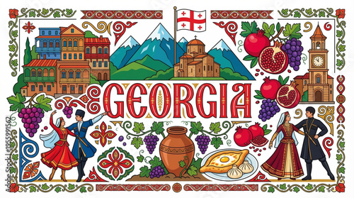 Vibrant Georgia Cultural Elements Vector Illustration with Tbilisi, Monasteries, and Local Cuisine