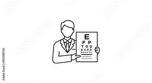 Optometrist holding eye chart for vision test, ophthalmology concept, line art icon