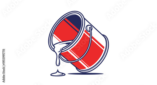 Paint Bucket Spilling Red and Blue Paint, Isolated on White Background