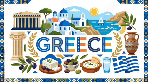 Vibrant Greece Cultural Elements Vector Illustration with Cycladic Architecture, Parthenon, and Greek Cuisine