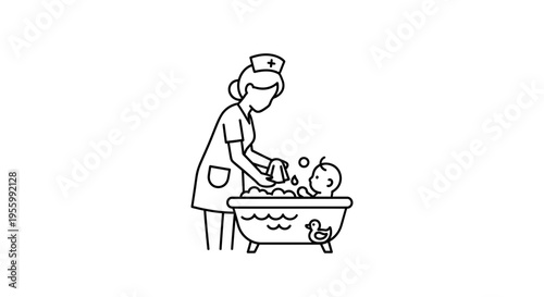 Nurse bathing a baby in a bathtub with rubber ducky, line art illustration