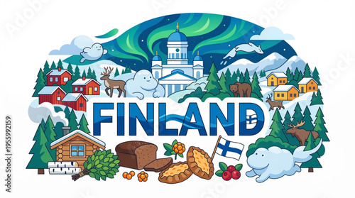 Vector Illustration of Finland Culture with Helsinki, Nature, and Local Traditions