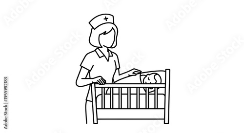 Nurse Caring for Baby in Crib: Healthcare, Newborn, and Medical Care Illustration